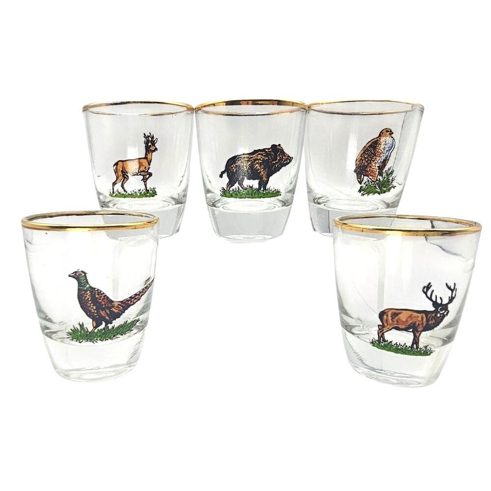 Ruhrglas Vintage Wildlife Game Shot Glasses Gold Rim 5pc Boar Pheasant Hawk Buck
